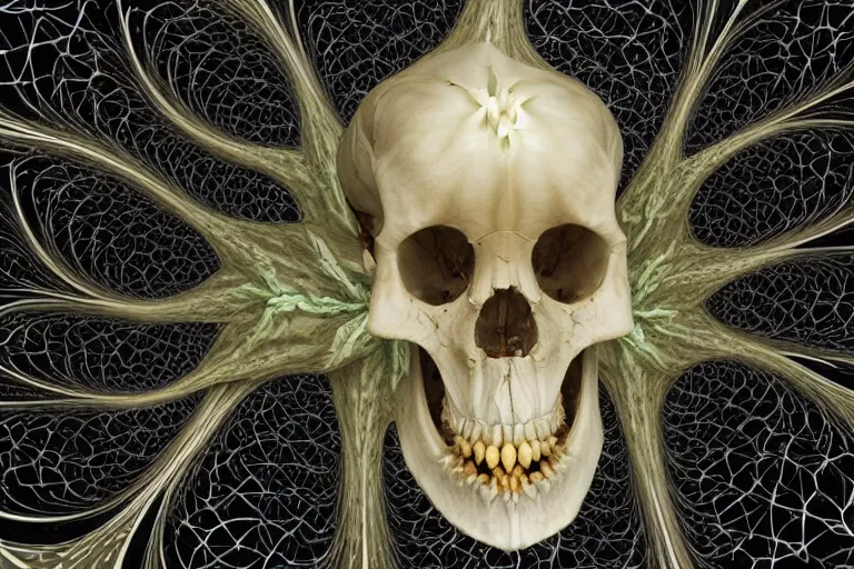 Image similar to a fractal within a fractal within a fractal within a fractal within a fractal all contained in a human skull and complimented with the most beautiful datura flowers, dynamic lighting, datura, angel's trumpet