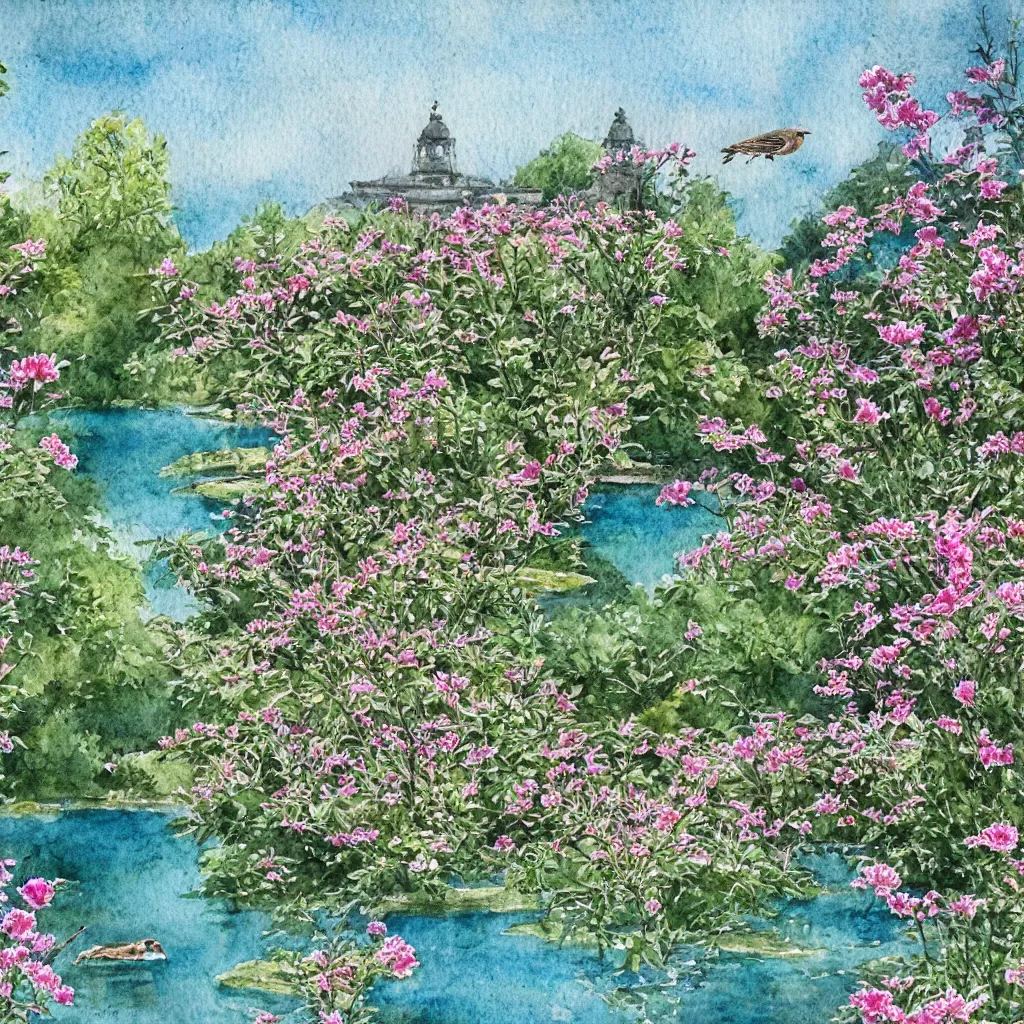 Image similar to isomeric view, delicate lake in a botanic garden, garden road, sparrows, temple in a botanical herbarium paper, watercolor colored painting, iridescent colors, 8 k, realistic shaded, fine details, artstation, italian style, colonnade, flowers, architecture, roma