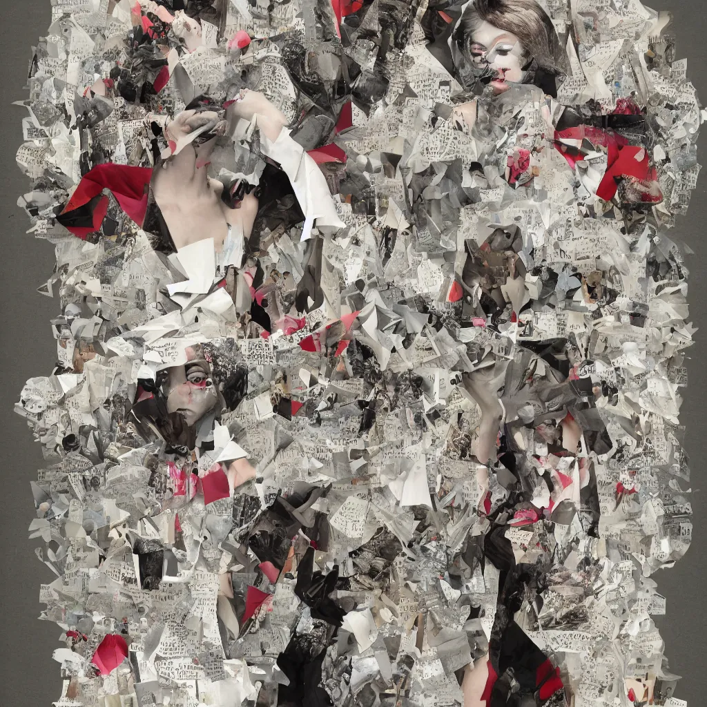 Prompt: surrealistic modernist collage of paper, tissue, photographs, and clippings by david plunkert and vogue couture illustrators : : hd, 8 k, deep focus, intricate lines, abstract, concept art, houdini, substance 3 d, quixel megascans, gallery lighting