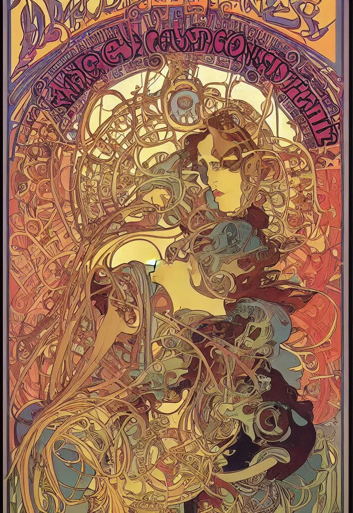 Image similar to colorful poster art by alphonse mucha and emek, a large robot head the size of a city, eyes glowing, smaller cities in the distance, all connected by twisting roads, digital art, poster frame, concert poster