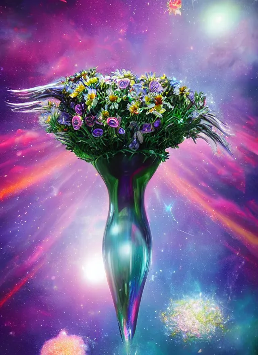 Image similar to An epic fantastic realism comic book style painting of the most beautiful flowers launched into space, perfect shiny silver iridescent dichroic spheres, bouquets, fisheye lens, unreal 5, DAZ, hyperrealistic, octane render, dynamic lighting