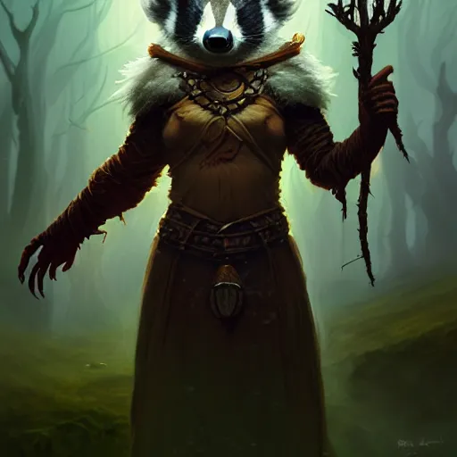 Prompt: Badger druid, spell, magic the gathering artwork, D&D, fantasy, cinematic lighting, centered, symmetrical, highly detailed, digital painting, artstation, concept art, smooth, sharp focus, illustration, volumetric lighting, epic Composition, 8k, art by Akihiko Yoshida and Greg Rutkowski and Craig Mullins, oil painting, cgsociety