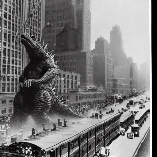 Prompt: old black and white photo, 1 9 1 3, depicting godzilla rampaging through the bustling streets of new york city, historical record