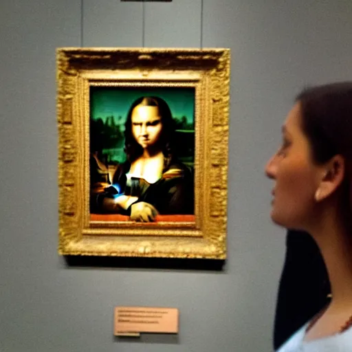 Image similar to mona lisa angry on the museum visitors