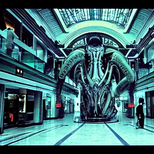 Prompt: aliens in a mall by H. R. Giger, cinematic drama shot, ultra quality