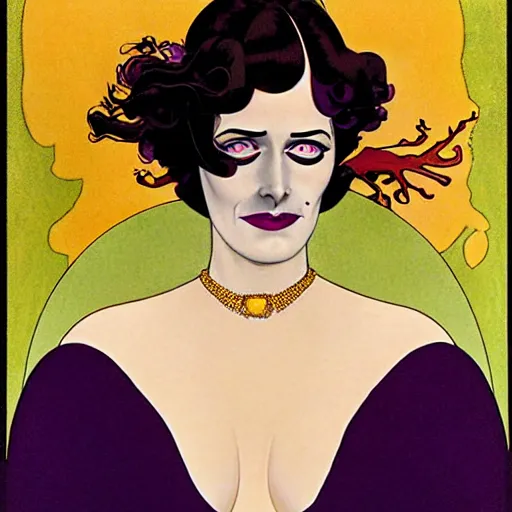 Image similar to Eva Green is Metamorpho, the Element Woman, Art by Coles Phillips, Chalk white skin, deep purple hair, Green eyes, Orange background, Mucha, Portrait of the actress, Eva Green as Metamorpho, carbon black and antique gold