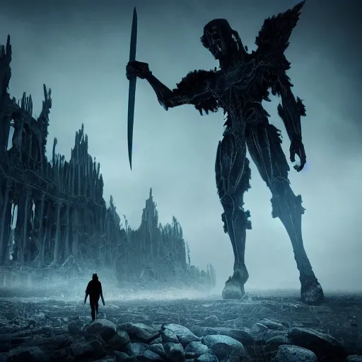 Prompt: Concept art of a futile human approaching a giant majestic ethereal sentinel king wielding a mythical blade in the abandoned ruins, sharp, high detail, contrast between darkness and light, good versus evil, cinematic lighting, vibrant colors, photorealism, terror, hysterical, horrifying, digital art, destruction, the void, ominous, octane render, fear, very detailed, evil, trending on artstation, intricate details, high definition, 16k, Artstation, by Greg Rutkowski, Ilya Kuvshinov, WLOP, Stanley Artgerm Lau, Ruan Jia and Fenghua Zhong