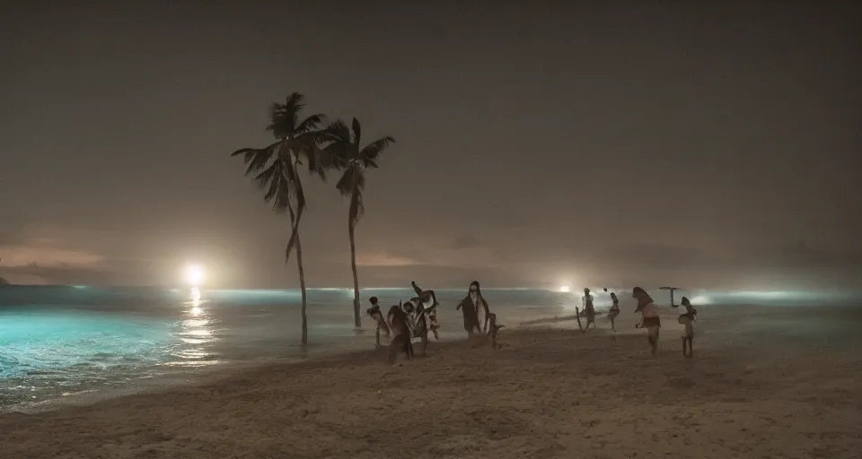 Prompt: First official image from Alejandro Landes' new drama film Marea, set on the Colombian Caribbean coast. Filmed by Jasper Wolf on ALEXA Mini, Vantage One T1 lens. Cinematography, contrast, nighttime.