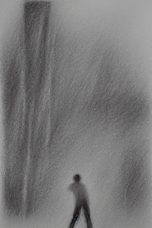 Image similar to a drawn man standing in the rain. pencil sketch.