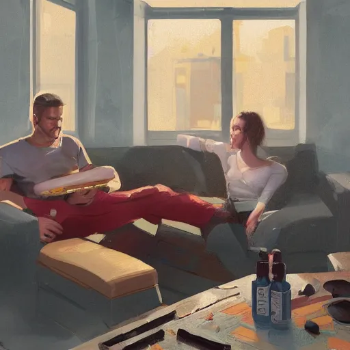 Image similar to two young friends sitting one in front another on couches, a small chair in between them with large pizza on the chair, they are eating pizza, room, fourniture, good colors, 8 k, detailed, by greg rutkowski, trending on artstation, best of artstation