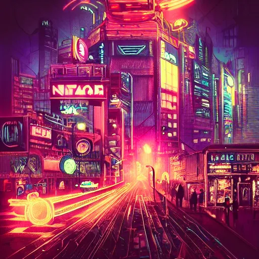 Image similar to A cityscape at night with neon lights and cyber punk elements, steam punk, top-rated, award winning, realistic, sharp, no blur, trending on ArtStation, magnificent, details, sharp focus, elegant, highly detailed, illustration, by Butcher Billy