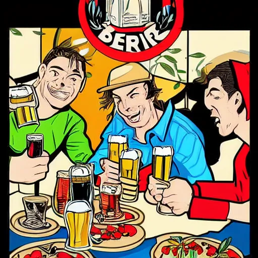 Image similar to a group of friends drinking beer, comic art, highly detailed, colorful