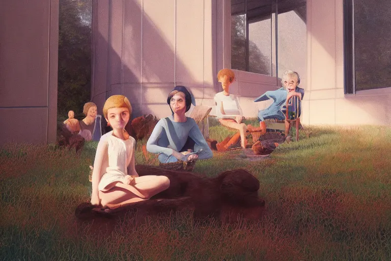 Prompt: beautiful painting of friends, beautiful faces, sitting on the edge, cute, hyper detailed, soft light, digital painting by diane arbus and ralph mcquarrie and harry bertoia, octane render