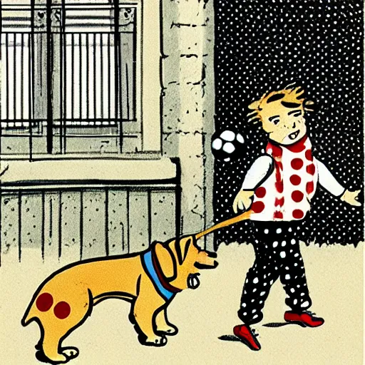 Image similar to illustration of french boy on the streets of paris playing football against a corgi, the dog is wearing a polka dot scarf, comic, 1 9 7 2