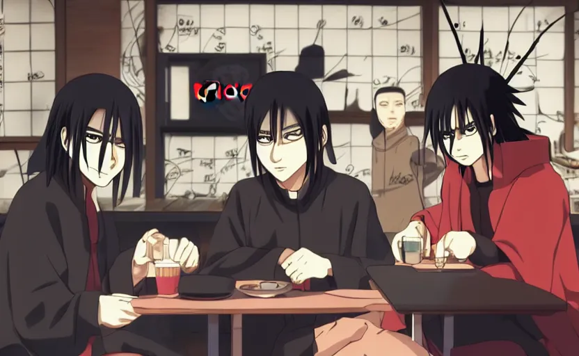 Prompt: Itachi and Kabuto playing tic tac toe at a cafe, Naruto Shippuden anime scene, digital art, 4k