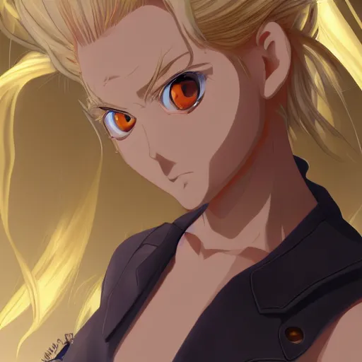 Image similar to portrait of the blond terminator of flames, anime fantasy illustration by tomoyuki yamasaki, kyoto studio, madhouse, ufotable, comixwave films, trending on artstation