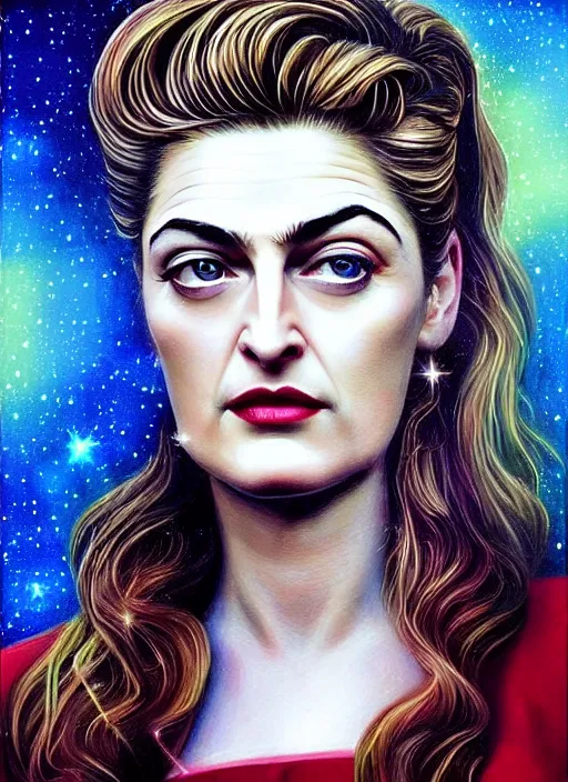 Image similar to elegantly disdainful. Shelly Johnson from Twin Peaks as empress of pulsar stars. ultra detailed painting at 16K resolution and amazingly epic visuals. epically beautiful image. amazing effect, image looks gorgeously crisp as far as it's visual fidelity goes, absolutely outstanding. vivid clarity. ultra. iridescent. mind-breaking. mega-beautiful pencil shadowing. beautiful face. Ultra High Definition. godly shading diffusion. amazingly crisp sharpness. photorealistic 3D rendering on film cel processed twice..