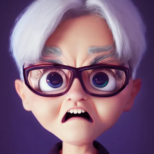 Image similar to super cute but angry gran, portrait, face symmetry, centered, anime style, disney character style, octane render, symetrical portrait, 3 d, pixar, disney, epic lighting, cinematic composition, hyperrealistic, 8 k