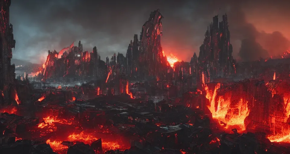 Image similar to for lava-tornadoes destroy a cyberpunk medieval gothic dark-ages city, rich contrast, feeling of grimdark and gothic horror, explosions and fire, hyperrealistic, octane render, unreal engine, Cryengine 8k UHD