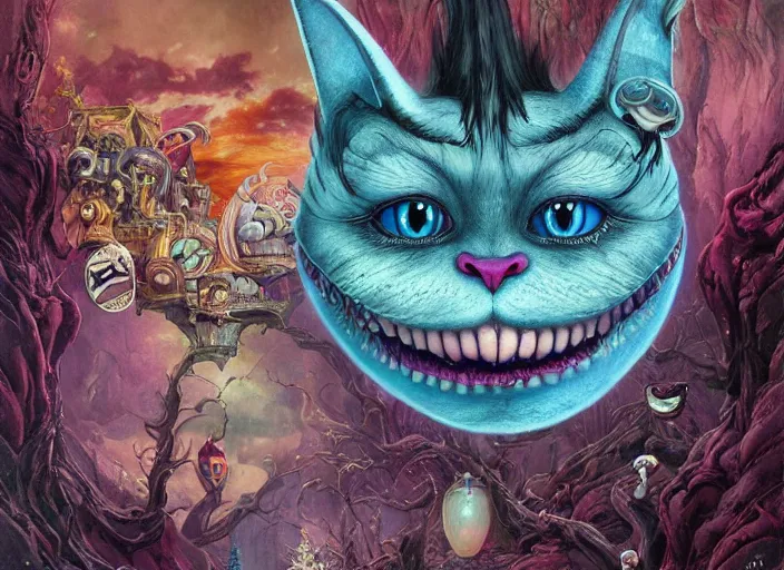 Image similar to dream portrait of Cheshire Cat from Alice in Wonderland,full character, melting ,8k,by tristan eaton,Stanley Artgermm,Tom Bagshaw,Greg Rutkowski,Carne Griffiths, Ayami Kojima, Beksinski, Giger,trending on DeviantArt,face enhance,hyper detailed,minimalist,cybernetic, android, blade runner,full of colour