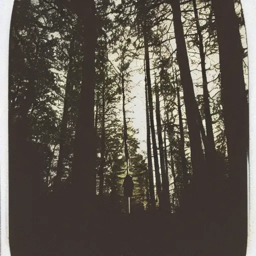 Prompt: eerie polaroid of a peaking out from behind a tree in a forest at dusk