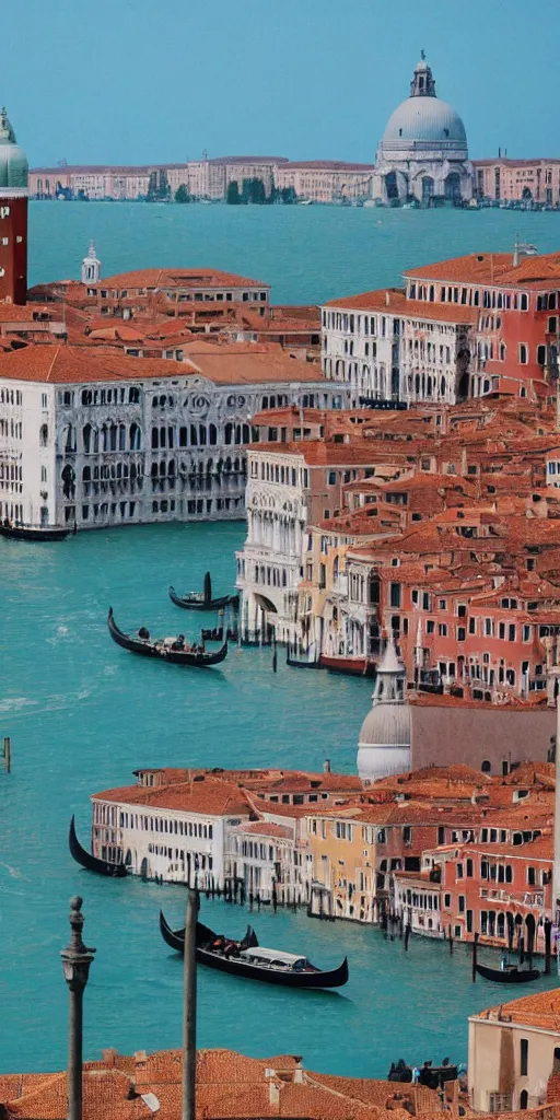 Image similar to window in foreground, venice in background, by wes anderson