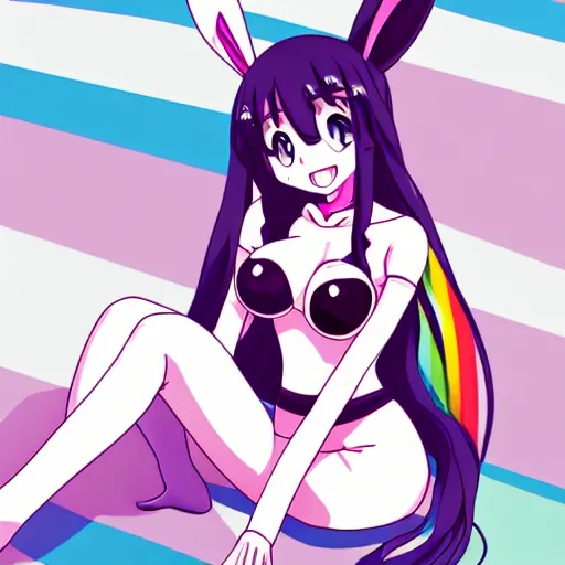 Prompt: an anime playboy bunny, bunny and she is wearing a tight white t-shirt and rainbow thigh high socks. she is giving the peace sign and smiling.