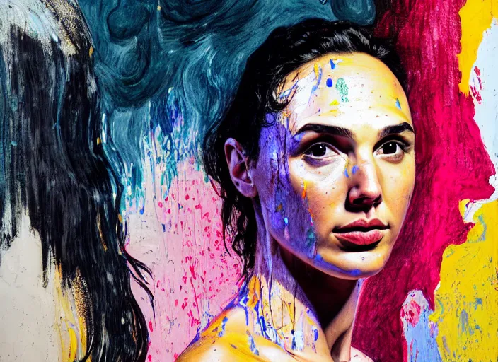 Image similar to portrait of gal gadot crying, by vincent lefevre and hernan bas and pat steir and hilma af klint, psychological, photorealistic, dripping paint, washy brush, rendered in octane, altermodern, masterpiece