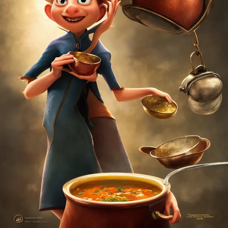 Image similar to beautiful cinematic fantasy poster of Remy from ratatouille throwing ingredients over a copper pot of soup art direction by Darius Zawadzki ;by artgerm; wayne reynolds art station; cinematic quality character render; low angle; ultra high quality model; production quality cinema model;