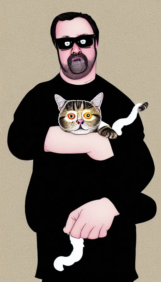 Prompt: a portrait of bubbles from trailer park boys holding a cat. detailed digital art