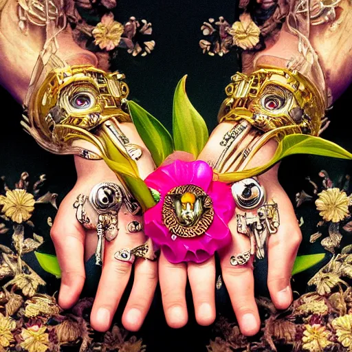 Prompt: maximalist elaborate photorealistic cyborg hands holding a flower. in the style of Michelangelo, with cyberpunk and flemish baroque details. vibrant vivid textures HD 8x matte background
