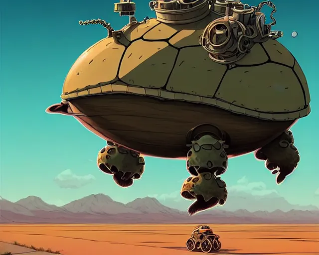 Image similar to a cell shaded cartoon giant lovecraftian mechanized turtle from howl's moving castle ( 2 0 0 4 ), on a desert road, full body, illustration, wide shot, very subtle colors, post grunge, concept art by josan gonzales, wlop, by james jean, victo ngai, trending on artstation, hq, deviantart, art by artgem