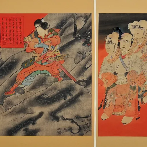 Prompt: representation of heros in the style of Ke Jiusi (柯九思), Chinese painter, calligrapher and poet, enhance colors