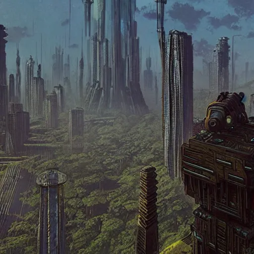 Image similar to mayan cyberpunk city in the center of redwood forest, viewed from a distance, shadow of the colossus screenshot by j. c. leyendecker, simon stalenhag, studio ghibli, and beksinski