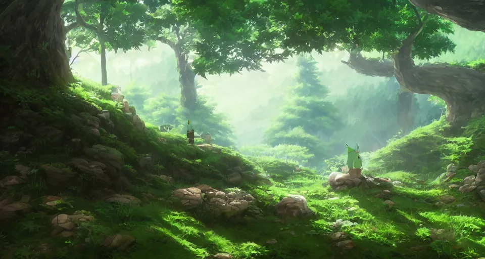 Prompt: Korok forest from the Legend of Zelda, Makoto Shinkai, Studio Ghibli style, Nintendo, environment concept, digital art, unreal engine, 3 point perspective, WLOP, trending on artstation, low level, 4K UHD image, octane render,