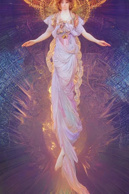 Image similar to goddess angel of tranquility，hyper detailed, character concept, full body, dynamic pose，intricate, lineart, cerpuscular rays, by yoshitaka amano, alfons mucha, 4k