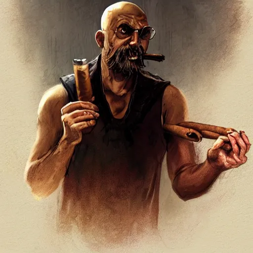 Prompt: epic portrait A man smoking a cigar and shooting zombies with a shotgun, white tank top, beard, buzzcut, apocalyptic, digital painting, artstation, concept art, soft light, hdri, smooth, sharp focus, illustration, fantasy, intricate, elegant, highly detailed, D&D, matte painting, in the style of Greg Rutkowski and Alphonse Mucha and artemisia, 8k, highly detailed, jurgens, rutkowski, bouguereau, pastoral, rustic, georgic