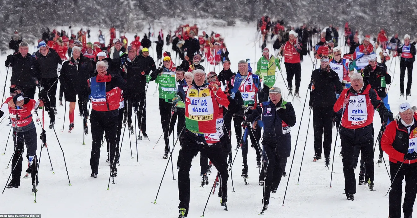 Prompt: czech president milos zeman wins in a race in cross - country skiing, photorealism, journalistic photography, super detail, composition, qualitative photography