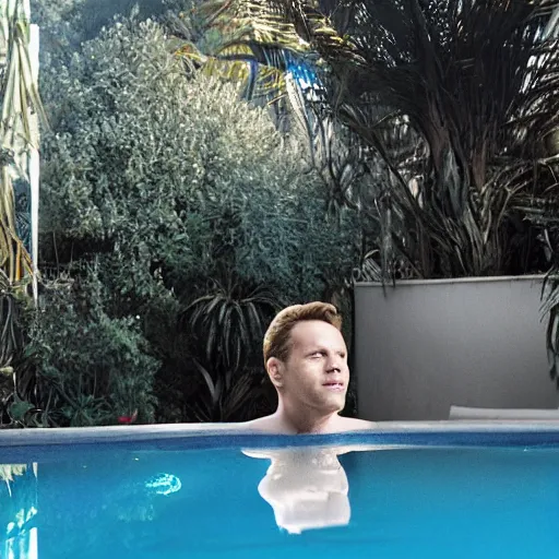 Image similar to joe floating in the pool in sunset boulevard cinematic 3 5 mm 8 k realistic