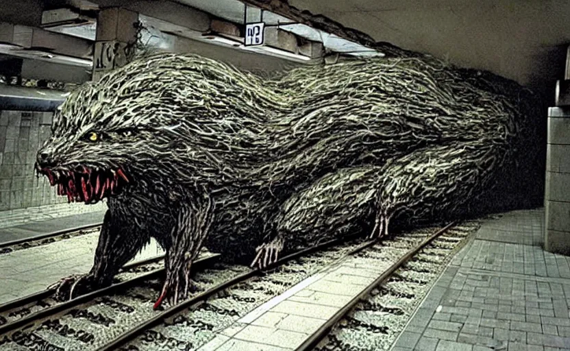 Image similar to very large giant mutant zombie irradiated ( angry rat ) staying on railways in tonnel of moscow subway. tonnel, railways, giant angry rat, furr, fangs, claws, very realistic. extreme long shot, wide angle, herman nitsch and herman nitsch, giger.