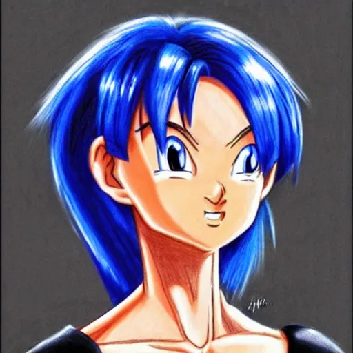 Prompt: hyper realistic drawing of bulma from dragonball z.