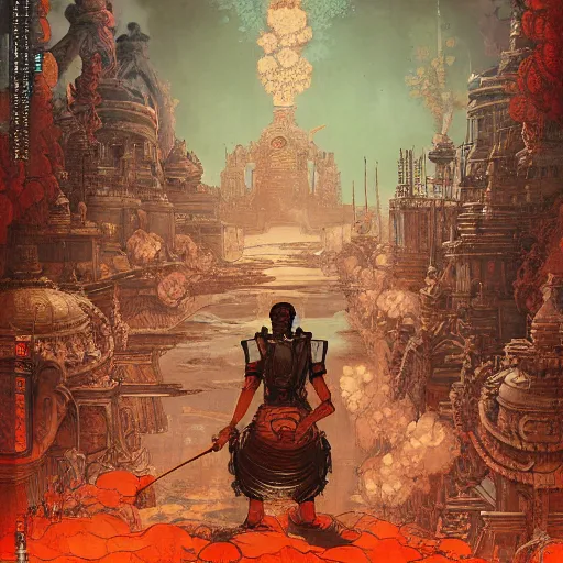 Image similar to Ukiyoe Thanjavur painting of atompunk dystopian retrofuture dark souls temple illustrated by Eddie Mendoza ,Maximalism, Art Nouveau