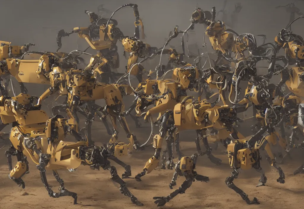 Prompt: accidentally wes anderson award - winning photograph of boston dynamics robots fighting with bureaucrats in suits, epic battlescene, dynamic scenes, 4 k, detailed, art by greg rutkowsky, trending on artstation, cinematic lighting, filmic grain, golden hour, detailed, 4 k