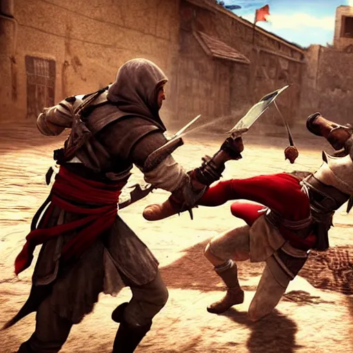 Prompt: assassins'creed origin assassain fighting templar in dessert