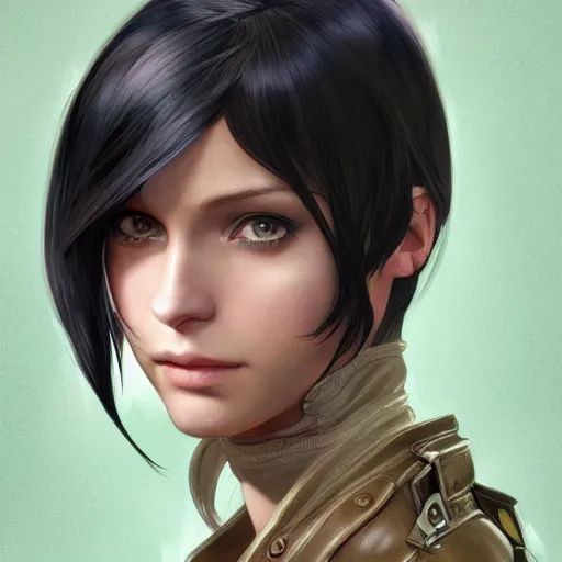 Image similar to a head and shoulders portrait of a young girl with green eyes and short black hair in a tan trenchcoat, from Final Fantasy XIII, retro, smooth, sharp focus, intricate, artstation, hyper realistic, detailed concept art by Rutkowski and Mucha and sky sewa and Marc Simonetti