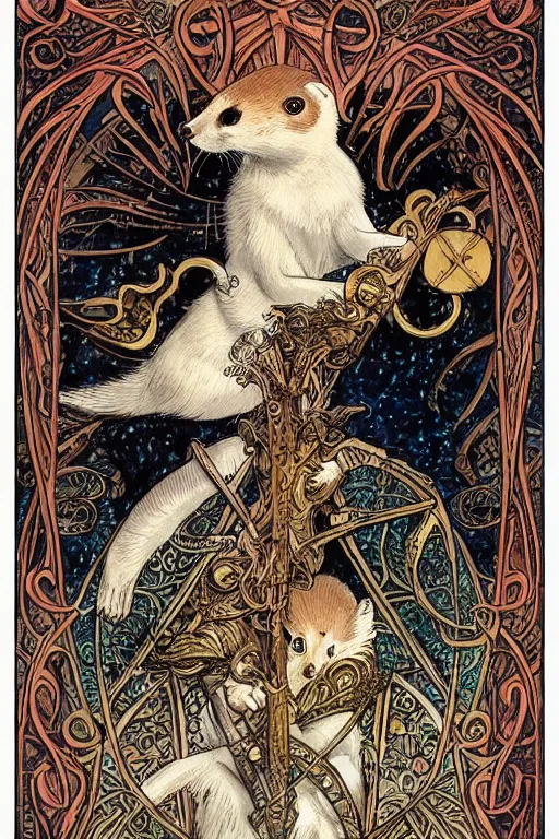 Prompt: Tarot card illustration of The Stoat, illustration by Ayami Kojima, art nouveau style, elaborate details, 4k