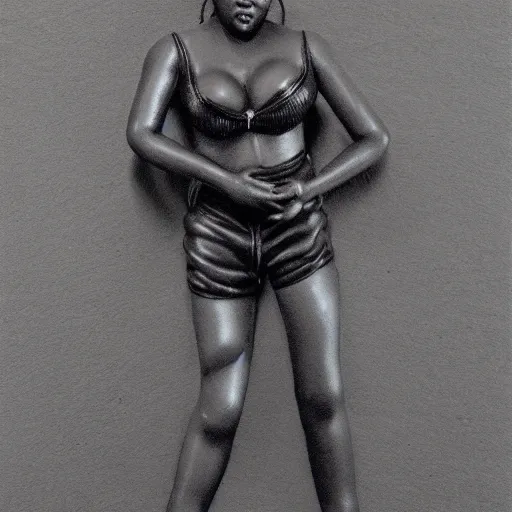Image similar to medium - shot realistic lil kim rapper, full body, walking, rough, handmade, fingerprints on clay, masterpiece, artistic, museum, highly detailed, hq, by adam beane