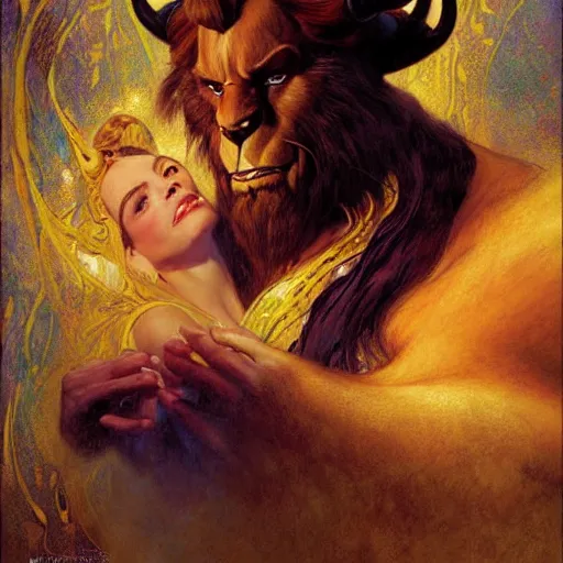 Image similar to portrait of the beast from beauty and the beast. fantasy painting by gaston bussiere craig mullins jc leyendecker gustav klimt artgerm greg rutkowski john berkey, bergey, craig mullins, ruan jia, raymond swanland, tom lovell