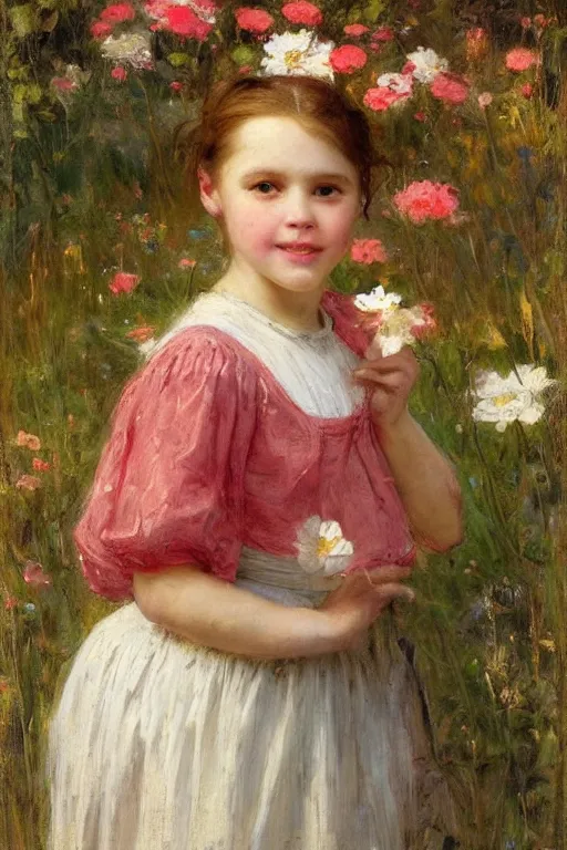 Prompt: Solomon Joseph Solomon and Richard Schmid and Jeremy Lipking victorian genre painting portrait painting of a happy young village girl in an open field of flowers, red background