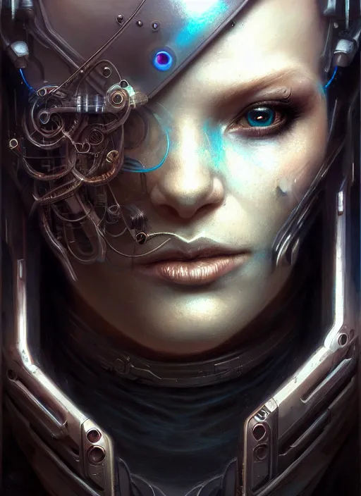 Prompt: closeup portrait shot of a cyberpunk cyborg in a scenic dystopian environment, intricate, elegant, highly detailed, centered, digital painting, artstation, concept art, smooth, sharp focus, illustration, artgerm, tomasz alen kopera, peter mohrbacher, donato giancola, joseph christian leyendecker, wlop, boris vallejo